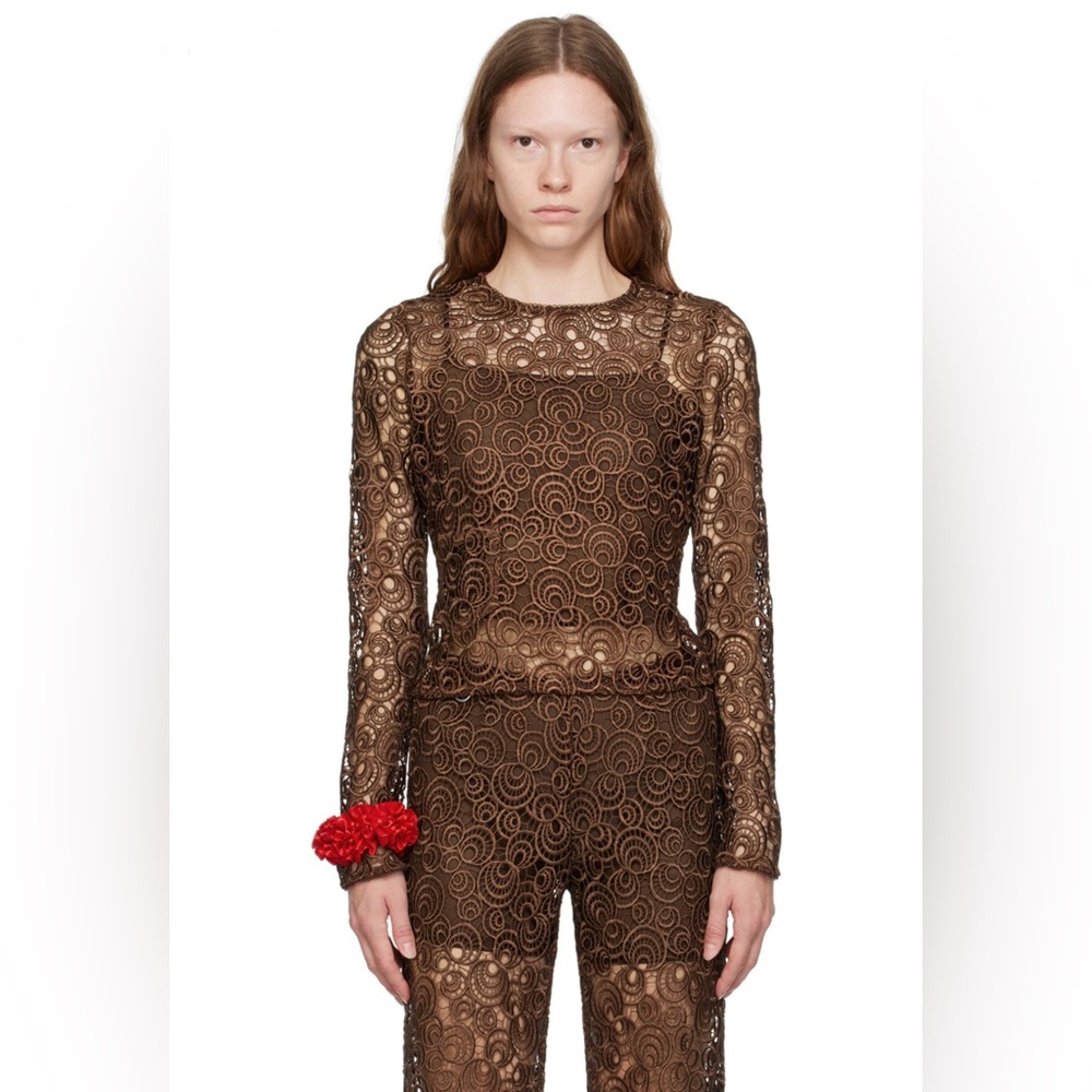 $340 NWT Saks Potts Brown Lace Paloma Sheer Long Sleeve Top Blouse Shirt Size S